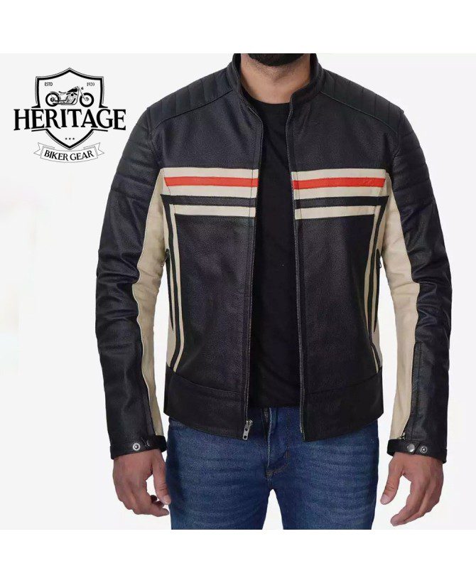 Andrade Men's Black Cafe Racer Leather Jacket with Removable Protectors