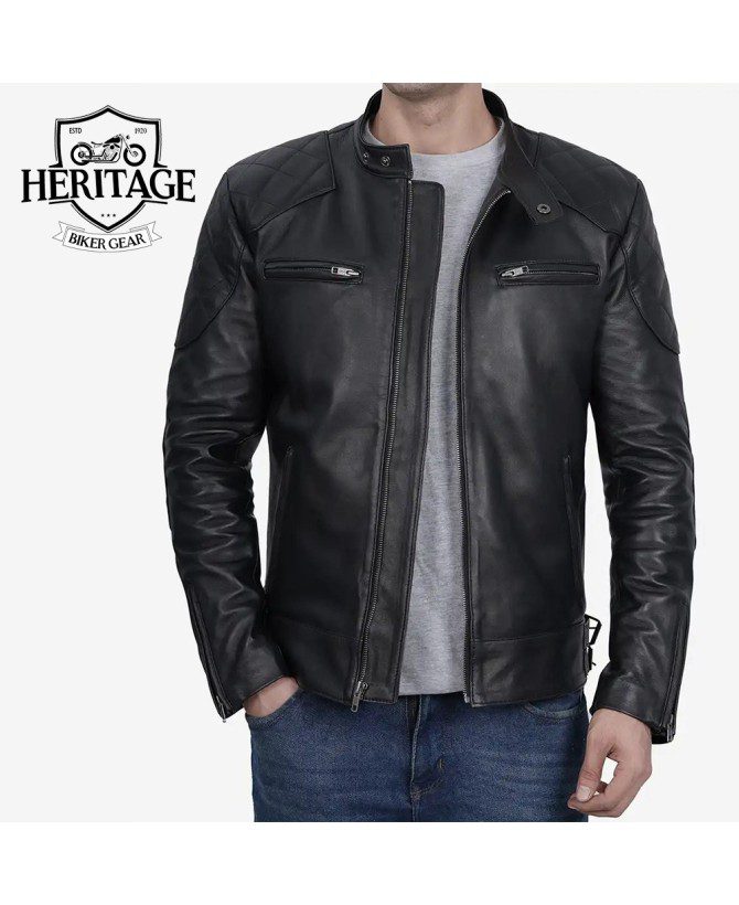 Black Leather Cafe Racer Jacket for Men