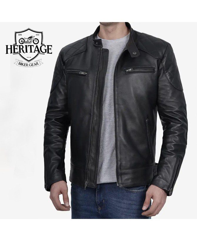 Black Leather Cafe Racer Jacket for Men