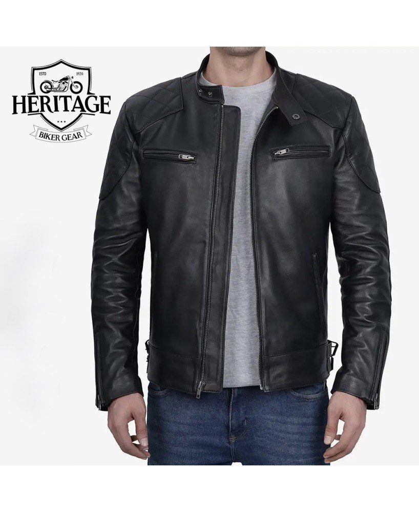 Black Leather Cafe Racer Jacket for Men