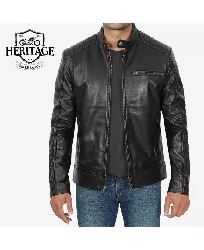 Everhart Men's Black Cafe Racer Leather Jacket with Padded Shoulders