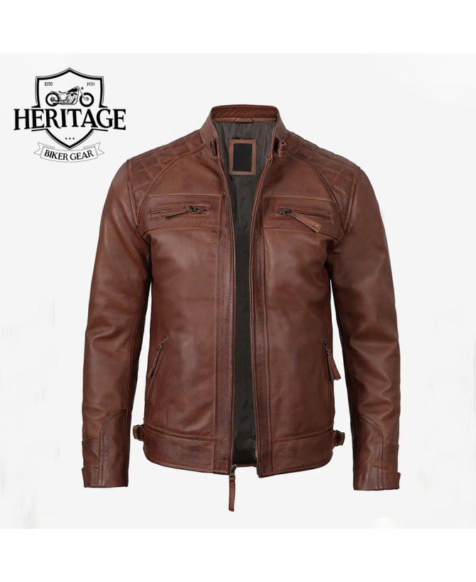 Johnson Men's Tall Cognac Cafe Racer Quilted Leather Jacket