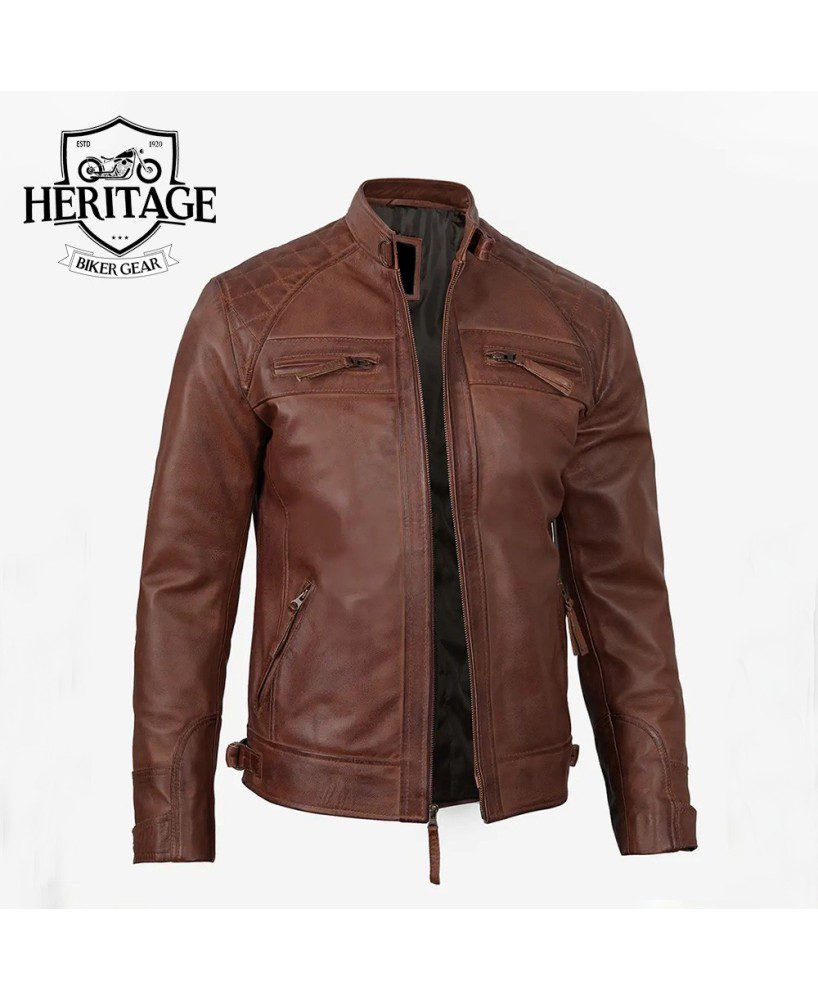 Johnson Men's Tall Cognac Cafe Racer Quilted Leather Jacket