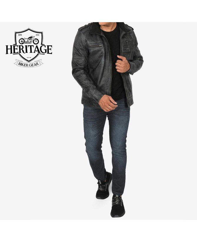 Men's Biker Style Distressed Black Leather Jacket