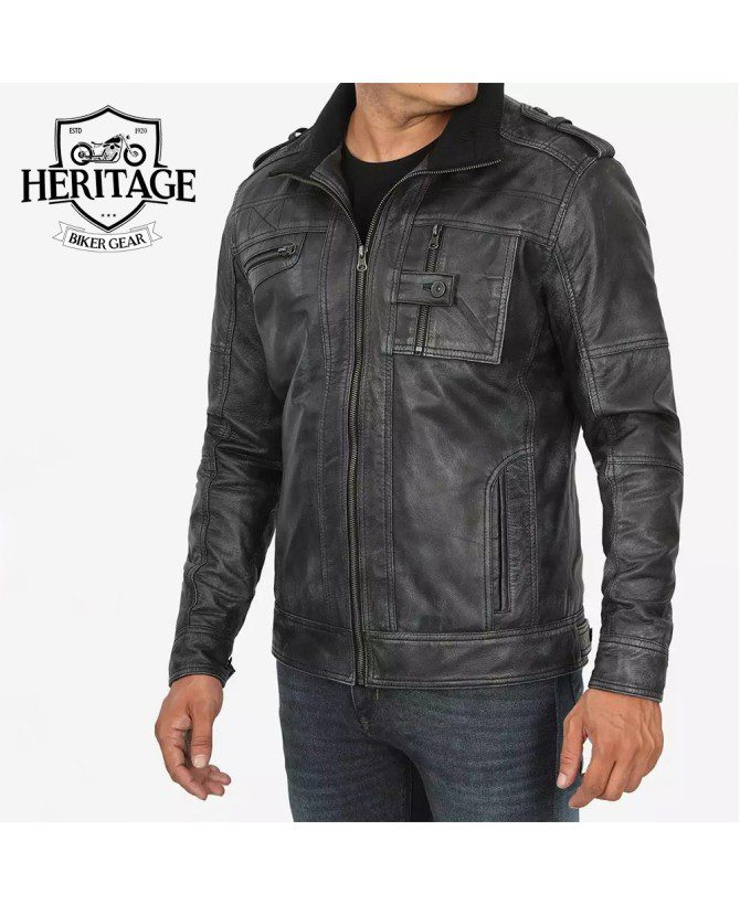 Men's Biker Style Distressed Black Leather Jacket