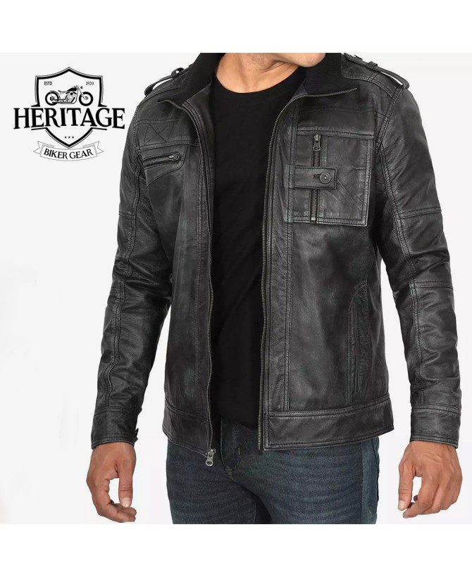 Men's Biker Style Distressed Black Leather Jacket