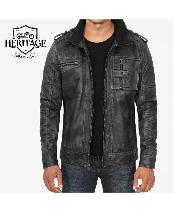 Men's Biker Style Distressed Black Leather Jacket