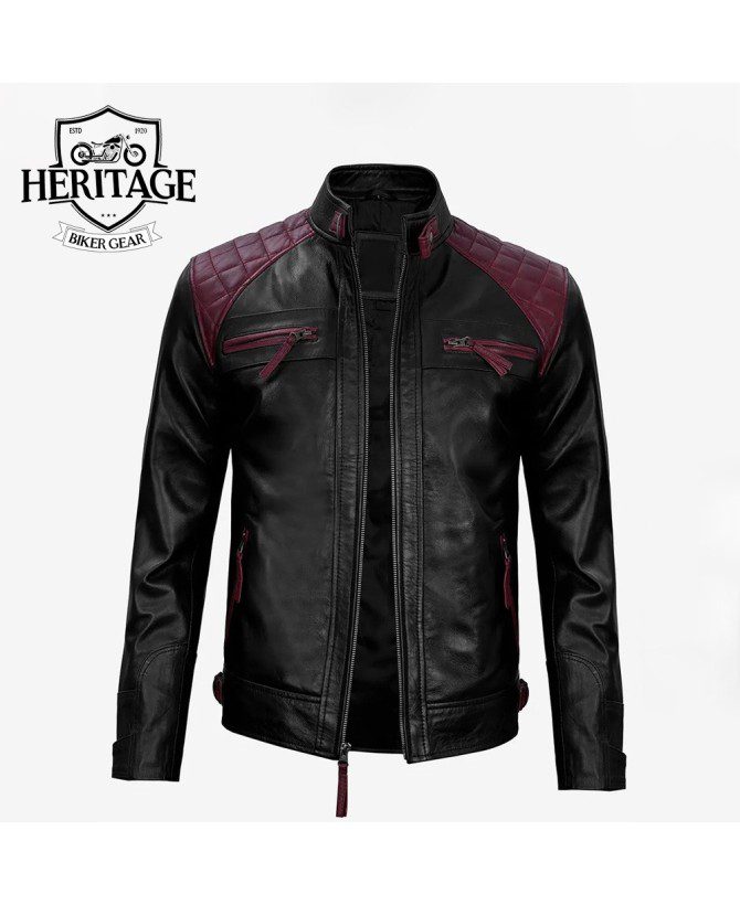 Men's Black and Maroon Biker Leather Jacket