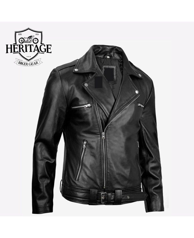 Men's Black Asymmetrical Belted Moto Leather Jacket