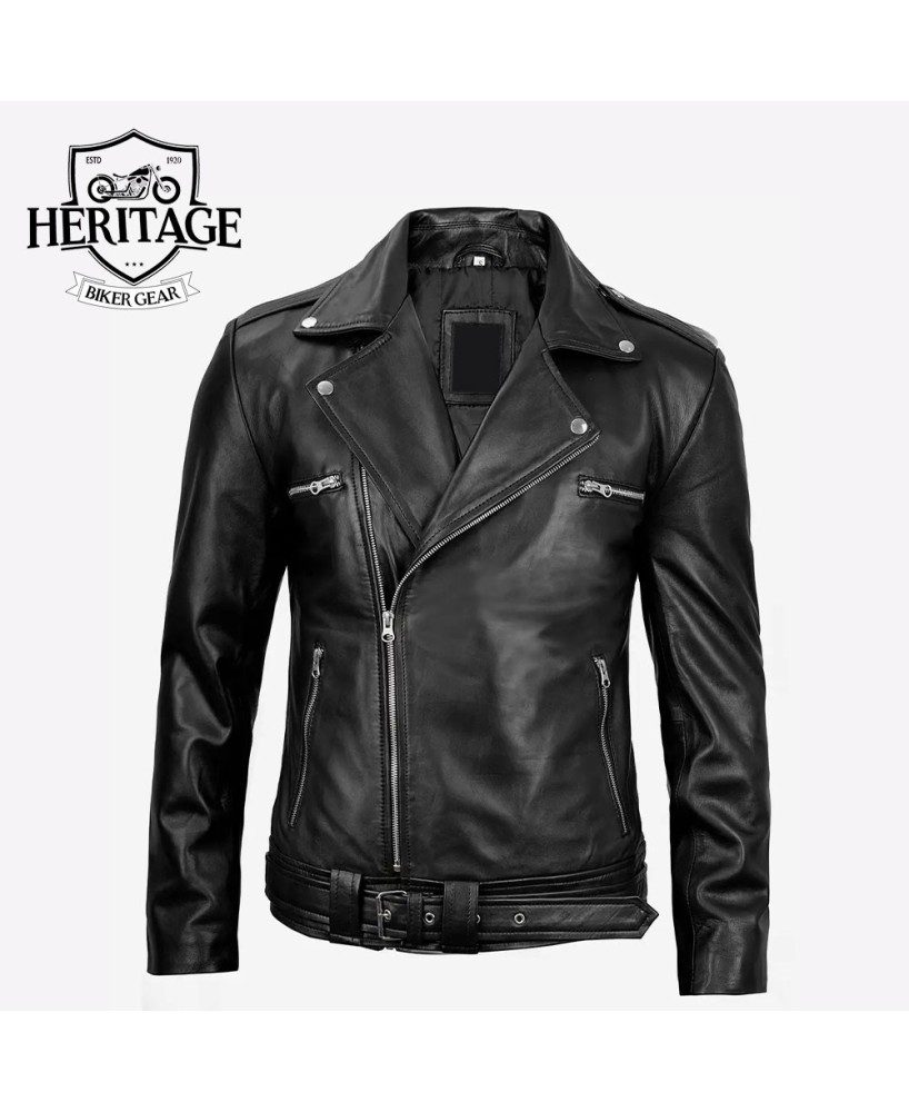 Men's Black Asymmetrical Belted Moto Leather Jacket