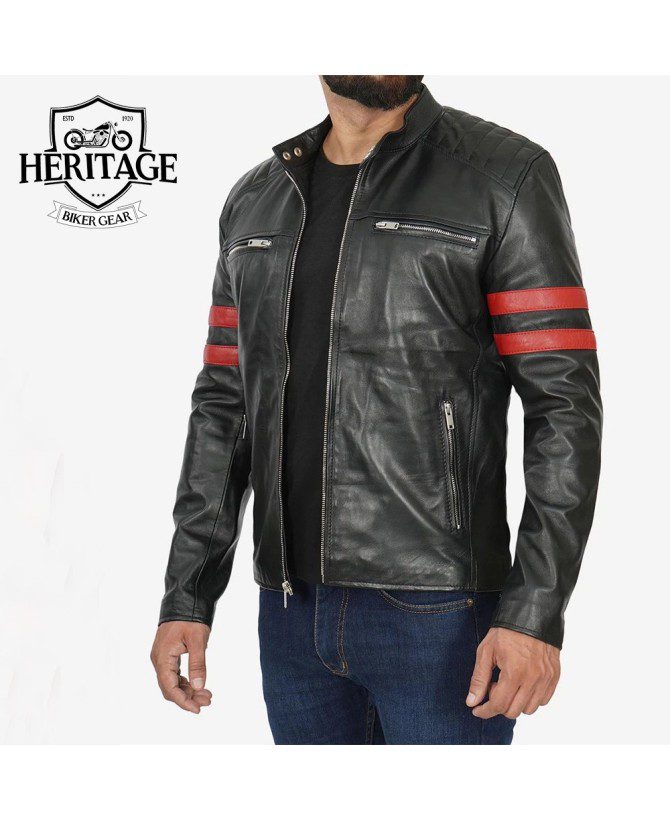 Men's Black Cafe Racer Leather Jacket - Red Striped Biker Jacket