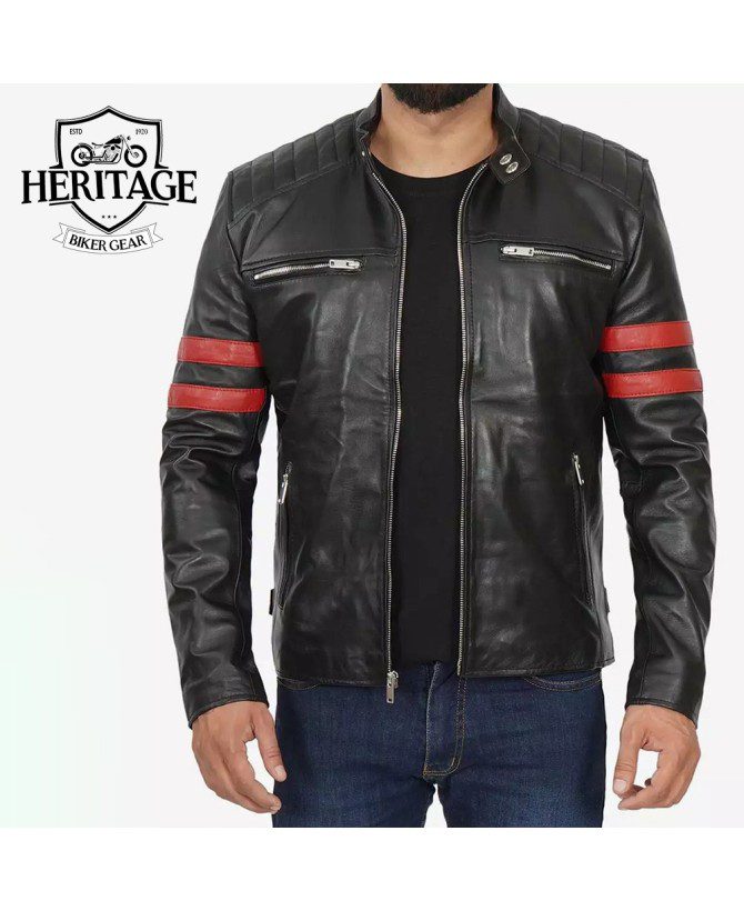 Men's Black Cafe Racer Leather Jacket - Red Striped Biker Jacket