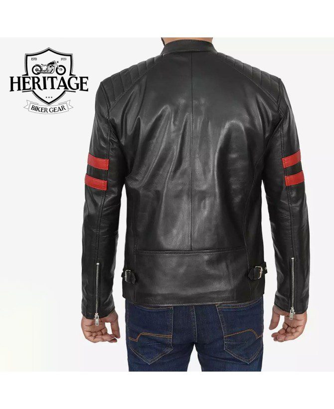 Men's Black Cafe Racer Leather Jacket - Red Striped Biker Jacket