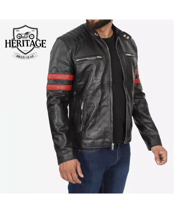 Men's Black Cafe Racer Leather Jacket - Red Striped Biker Jacket