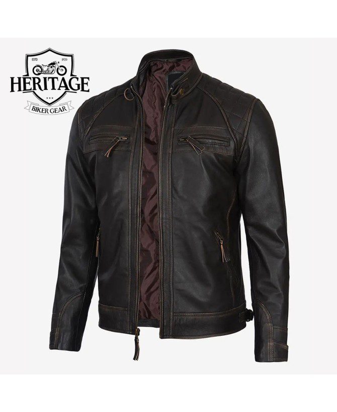 Men's Brown Cafe Racer Real Lambskin Leather Distressed Motorcycle Jacket