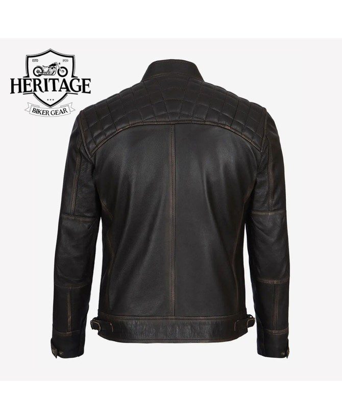 Men's Brown Cafe Racer Real Lambskin Leather Distressed Motorcycle Jacket