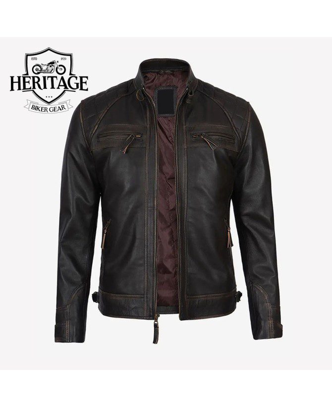 Men's Brown Cafe Racer Real Lambskin Leather Distressed Motorcycle Jacket