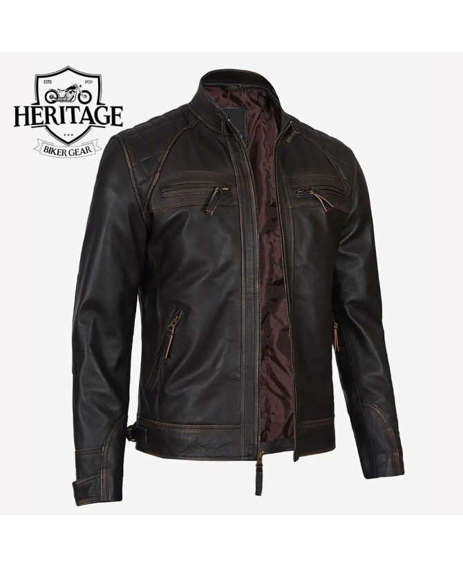 Men's Brown Cafe Racer Real Lambskin Leather Distressed Motorcycle Jacket