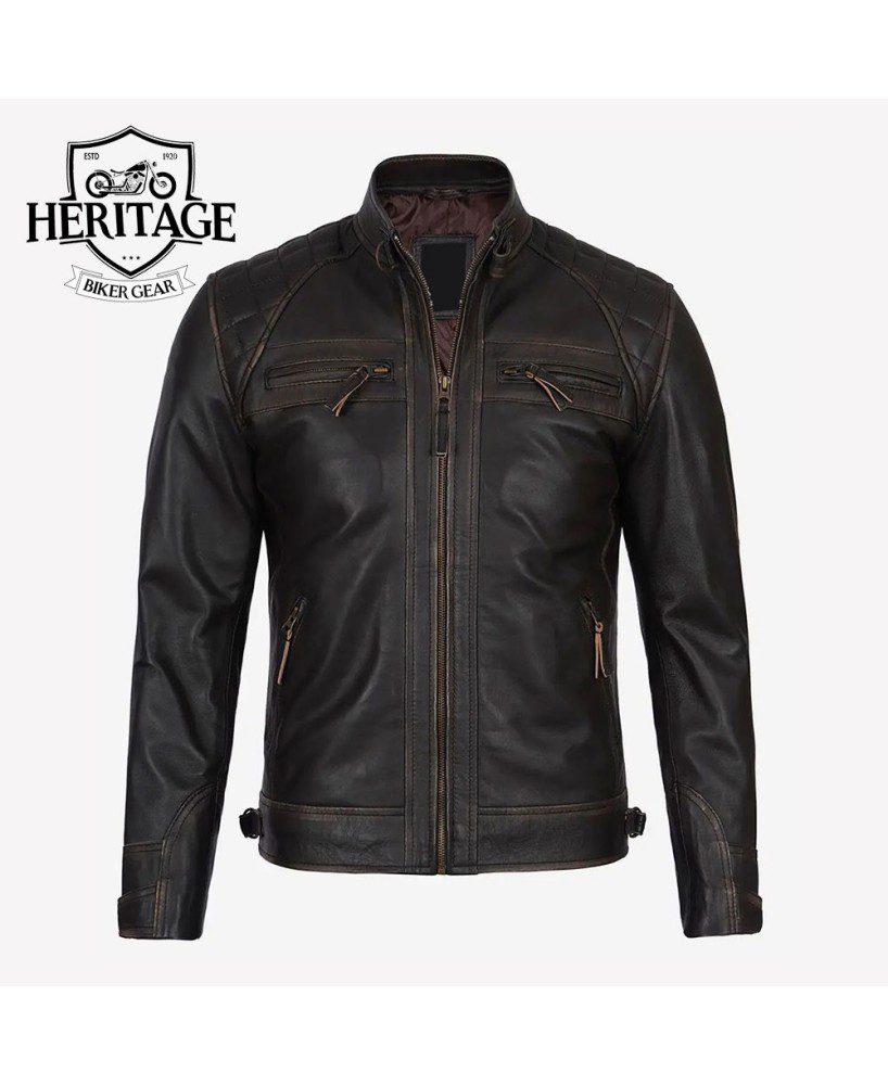 Men's Brown Cafe Racer Real Lambskin Leather Distressed Motorcycle Jacket