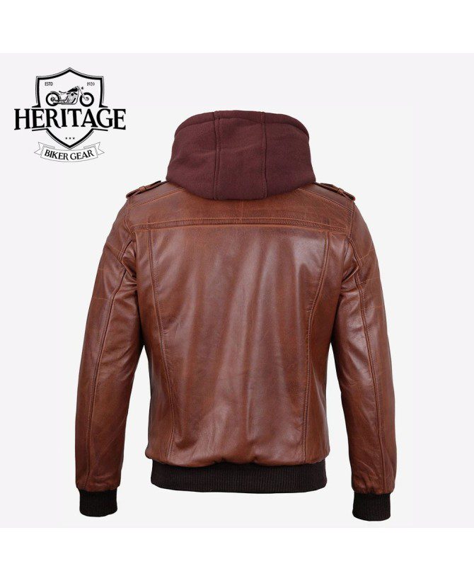 Men's Brown Leather Bomber Jacket With Removable Hood