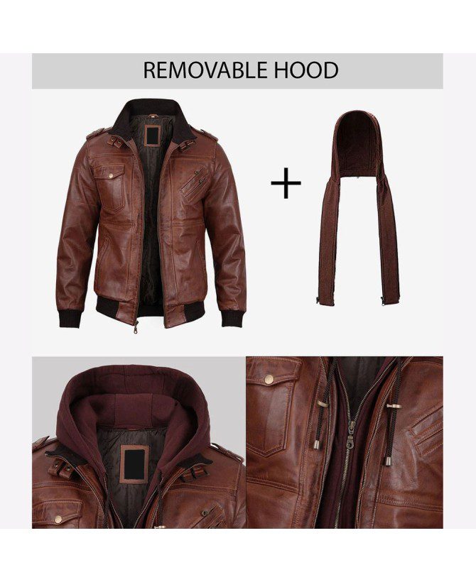 Men's Brown Leather Bomber Jacket With Removable Hood