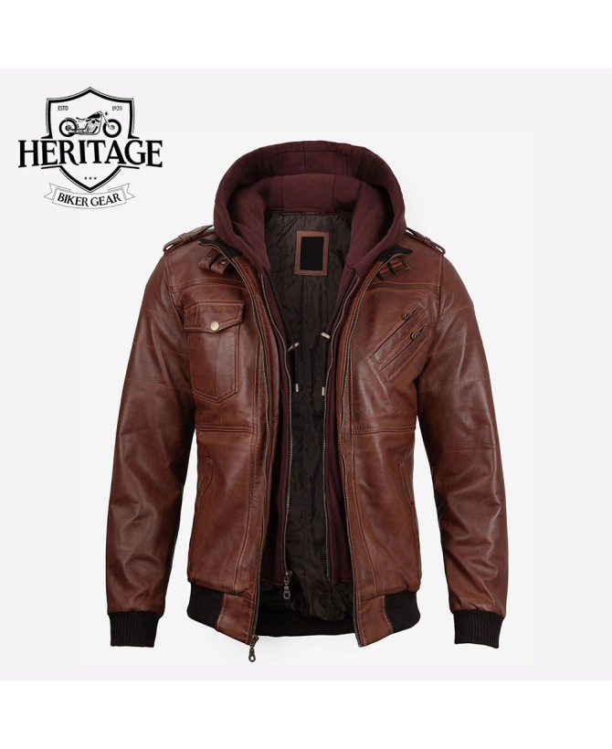 Men's Brown Leather Bomber Jacket With Removable Hood