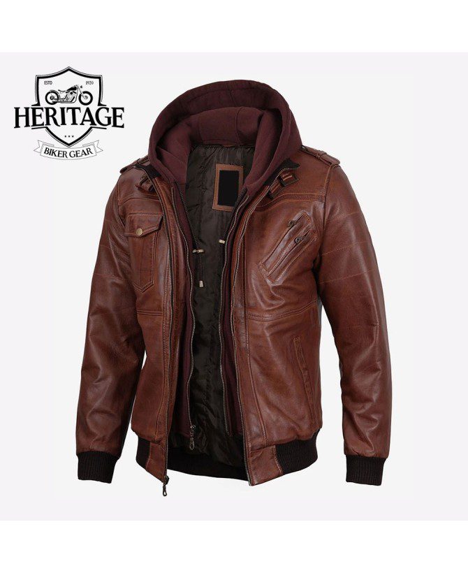 Men's Brown Leather Bomber Jacket With Removable Hood