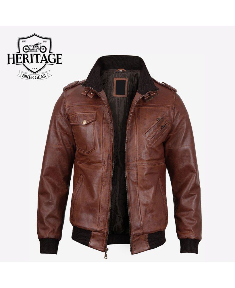 Men's Brown Leather Bomber Jacket With Removable Hood