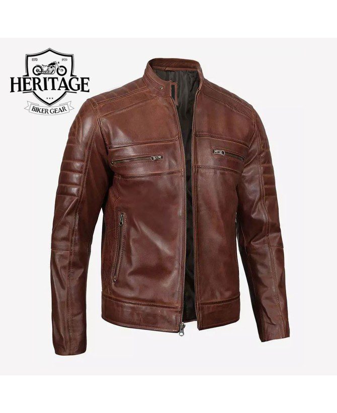 Men's Cognac Cafe Racer Leather Jacket