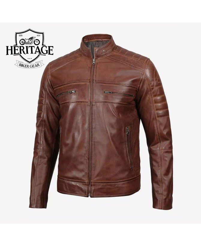 Men's Cognac Cafe Racer Leather Jacket