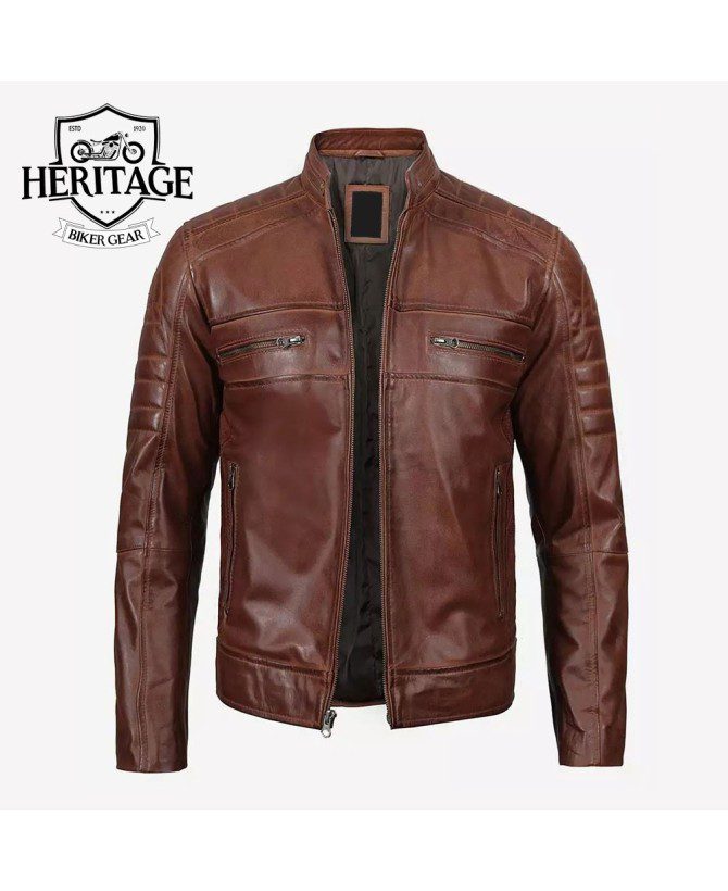 Men's Cognac Cafe Racer Leather Jacket