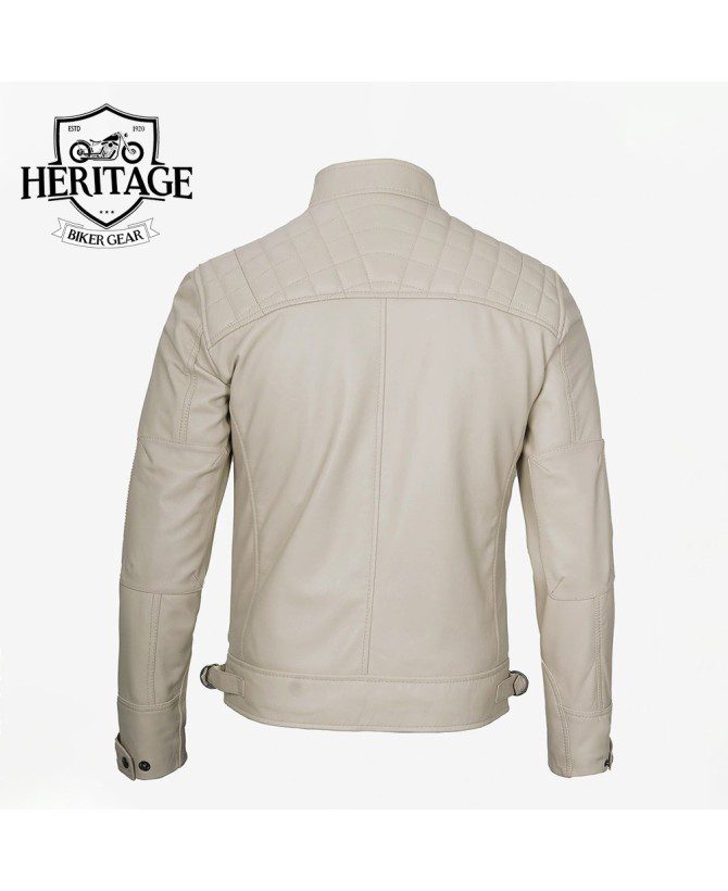 Men's Quilted Shoulder Beige Cafe Racer Leather Jacket