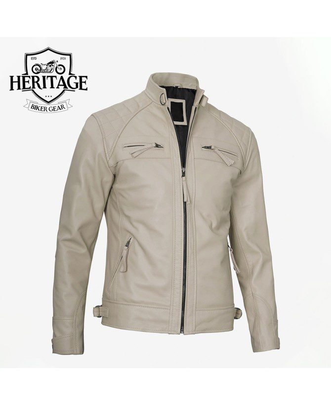 Men's Quilted Shoulder Beige Cafe Racer Leather Jacket