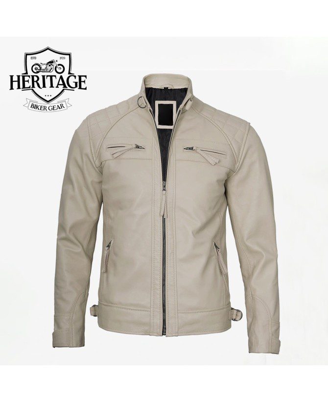 Men's Quilted Shoulder Beige Cafe Racer Leather Jacket