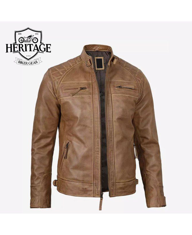 Men's Quilted Shoulder Camel Brown Cafe Racer Leather Jacket