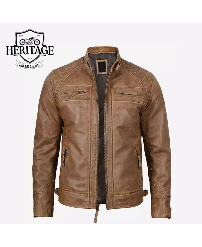 Men's Quilted Shoulder Camel Brown Cafe Racer Leather Jacket