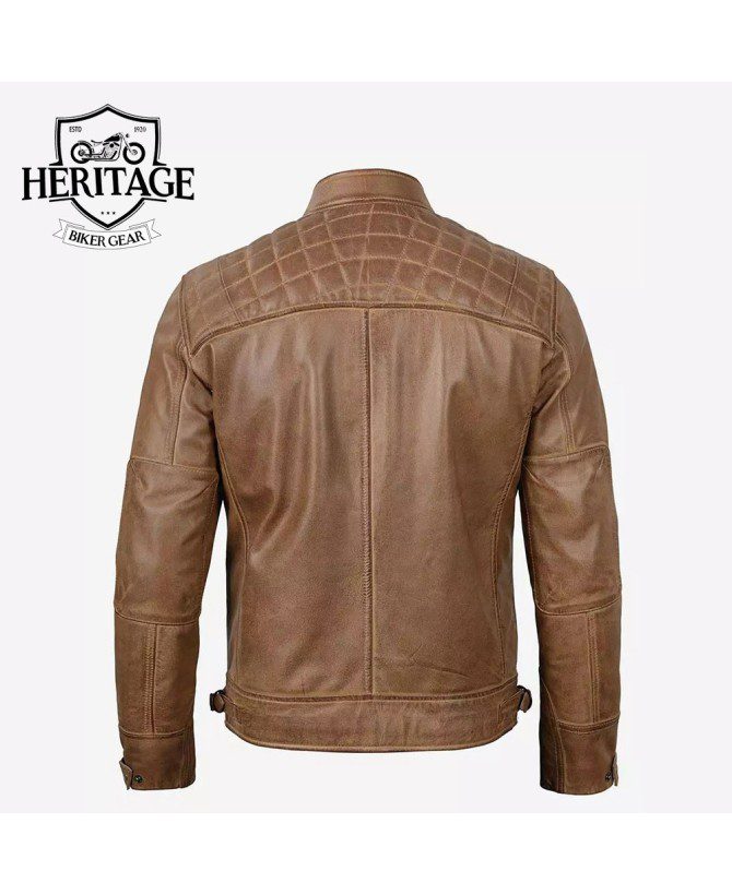 Men's Quilted Shoulder Camel Brown Cafe Racer Leather Jacket