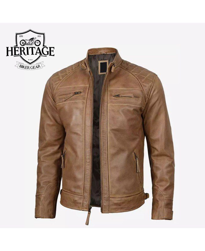 Men's Quilted Shoulder Camel Brown Cafe Racer Leather Jacket